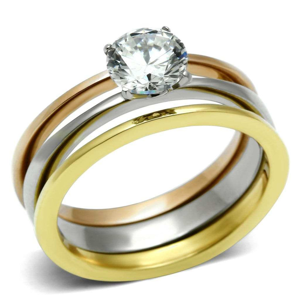 TK620 - Three-Tone IP Stainless Steel Ring with AAA Grade CZ in Clear - Alamode - Flyclothing LLC
