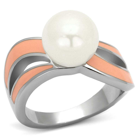 TK810 - High polished (no plating) Stainless Steel Ring with Synthetic Pearl in White - Alamode - Flyclothing LLC