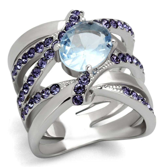 TK865 - High polished (no plating) Stainless Steel Ring with Synthetic Synthetic Glass in Light Sapphire - Alamode - Flyclothing LLC