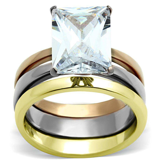 TK962 - Three Tone IP(IP Gold & IP Rose Gold & High Polished) Stainless Steel Ring with AAA Grade CZ in Clear - Alamode - Flyclothing LLC