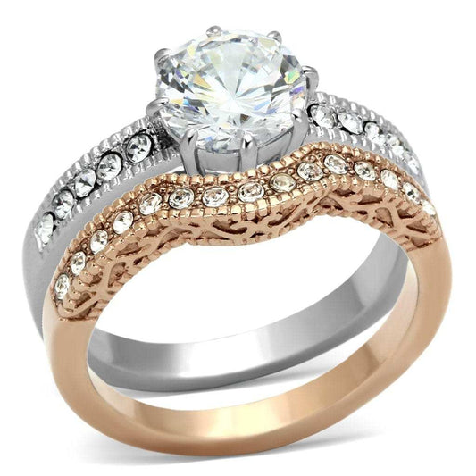 TK966 - Two-Tone IP Rose Gold Stainless Steel Ring with AAA Grade CZ in Clear - Alamode - Flyclothing LLC