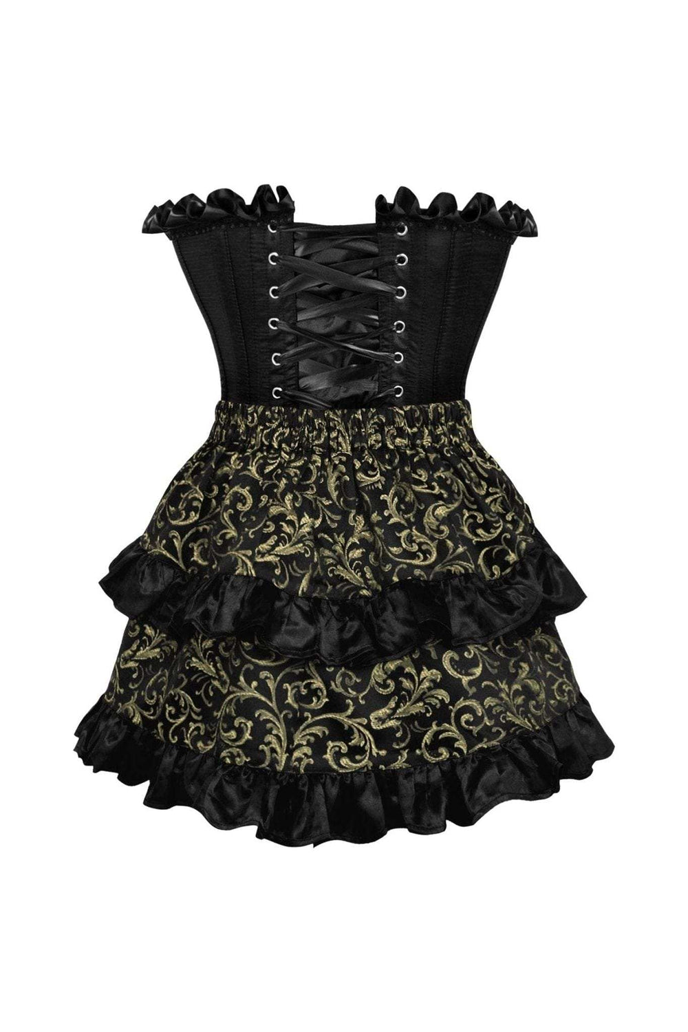 Daisy Corsets Top Drawer 2 PC Black Satin Steel Boned Burlesque Corset & Gold Brocade Skirt Set - Daisy Corsets - Flyclothing LLC