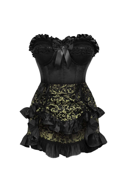 Daisy Corsets Top Drawer 2 PC Black Satin Steel Boned Burlesque Corset & Gold Brocade Skirt Set - Daisy Corsets - Flyclothing LLC