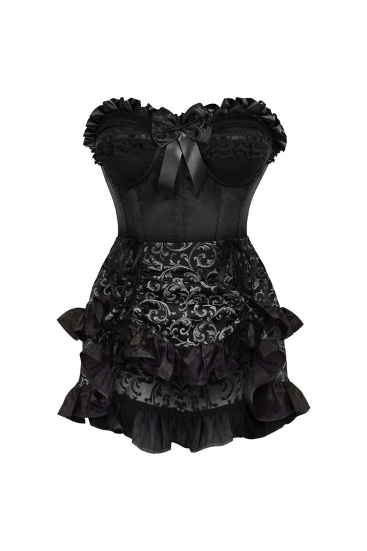Daisy Corsets Top Drawer 2 PC Black Satin Steel Boned Burlesque Corset & Silver Brocade Skirt Set - Daisy Corsets - Flyclothing LLC