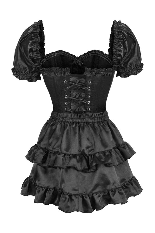Daisy Corsets Top Drawer 2 PC Black Satin Steel Boned Overbust Corset w/Sleeves & Satin Skirt Set - Daisy Corsets - Flyclothing LLC