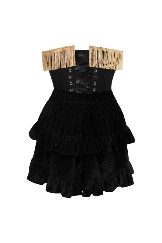 Daisy Corsets Top Drawer 2 PC Burlesque Black & Dark Red Steel Boned Corset w/Gold Fringe & Skirt Set - Daisy Corsets - Flyclothing LLC