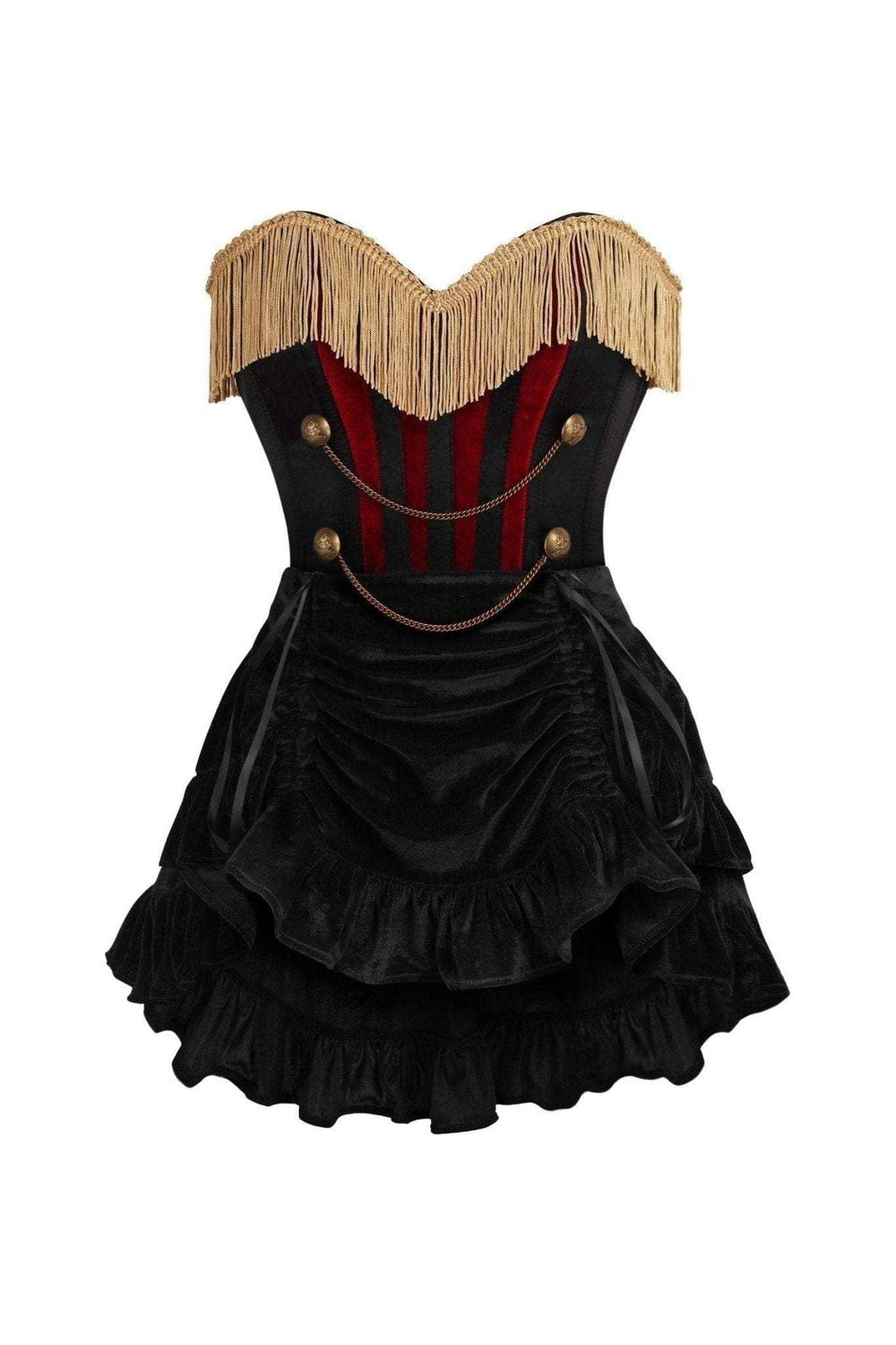 Daisy Corsets Top Drawer 2 PC Burlesque Black & Dark Red Steel Boned Corset w/Gold Fringe & Skirt Set - Daisy Corsets - Flyclothing LLC
