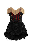 Daisy Corsets Top Drawer 2 PC Burlesque Black & Dark Red Steel Boned Corset w/Gold Fringe & Skirt Set - Daisy Corsets - Flyclothing LLC