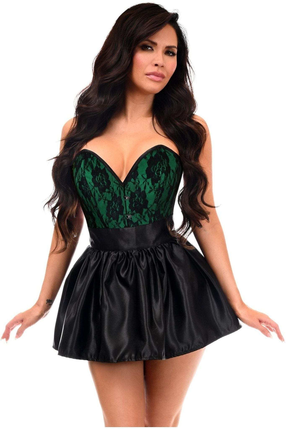 Daisy Corsets Top Drawer 2 PC Green/Black Lace Steel Boned Corset & Satin Skirt Set - Daisy Corsets - Flyclothing LLC