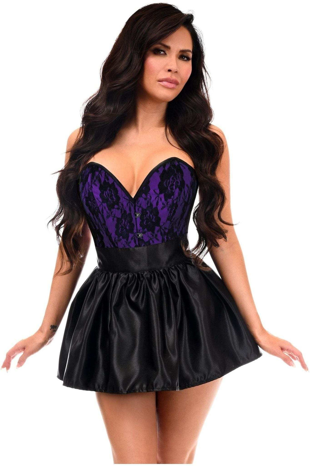 Daisy Corsets Top Drawer 2 PC Purple/Black Lace Steel Boned Corset & Satin Skirt Set - Daisy Corsets - Flyclothing LLC