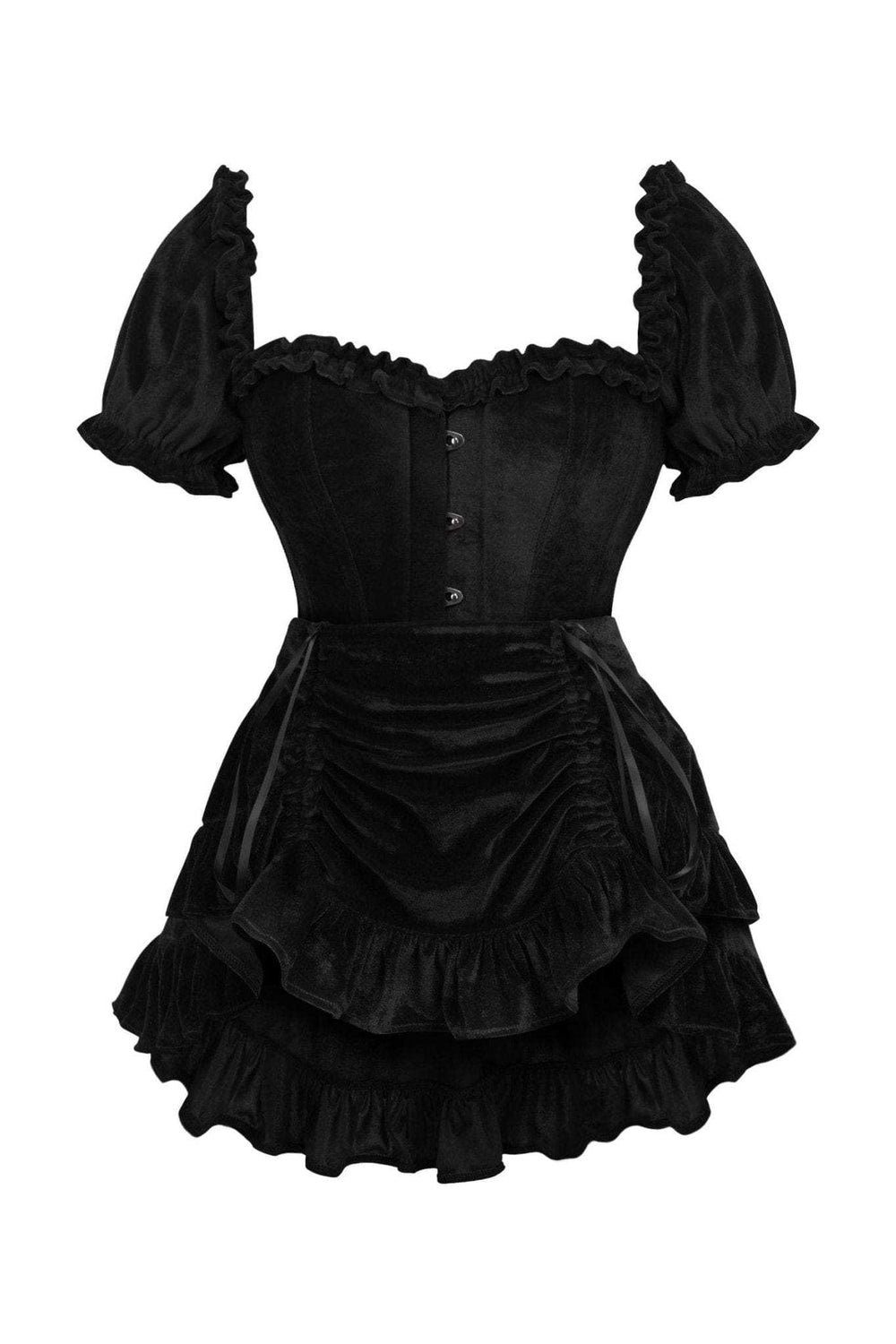 Daisy Corsets Top Drawer 2 PC Steel Boned Black Velvet Overbust Corset w/Sleeves & Skirt Set - Daisy Corsets - Flyclothing LLC