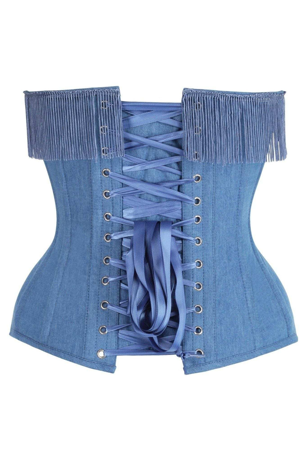 Daisy Corsets Top Drawer Blue Denim Steel Boned Overbust Corset w/Fringe - Daisy Corsets - Flyclothing LLC