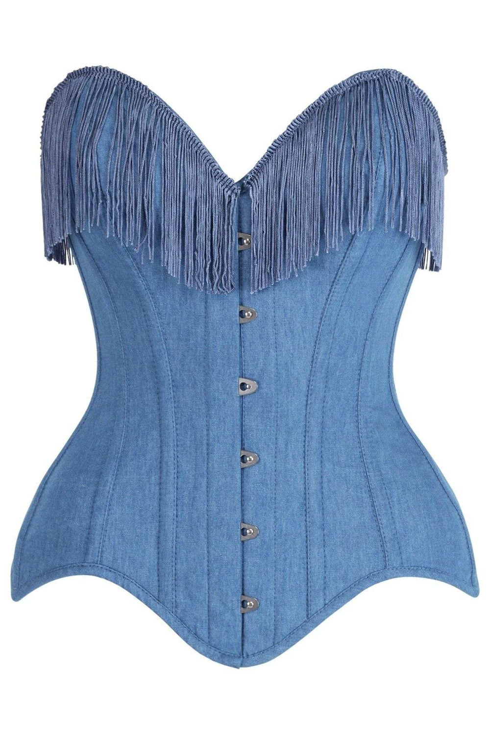 Daisy Corsets Top Drawer Blue Denim Steel Boned Overbust Corset w/Fringe - Daisy Corsets - Flyclothing LLC