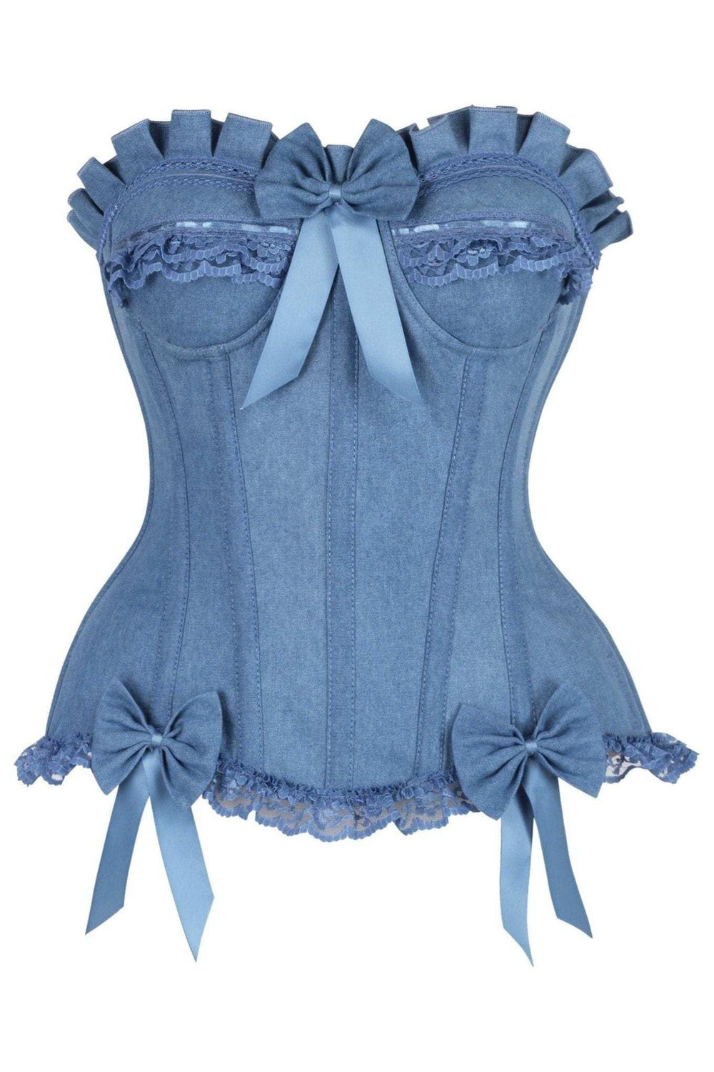 Daisy Corsets Top Drawer Blue Denim Underwire Steel Boned Burlesque Corset w/Bows - Daisy Corsets - Flyclothing LLC