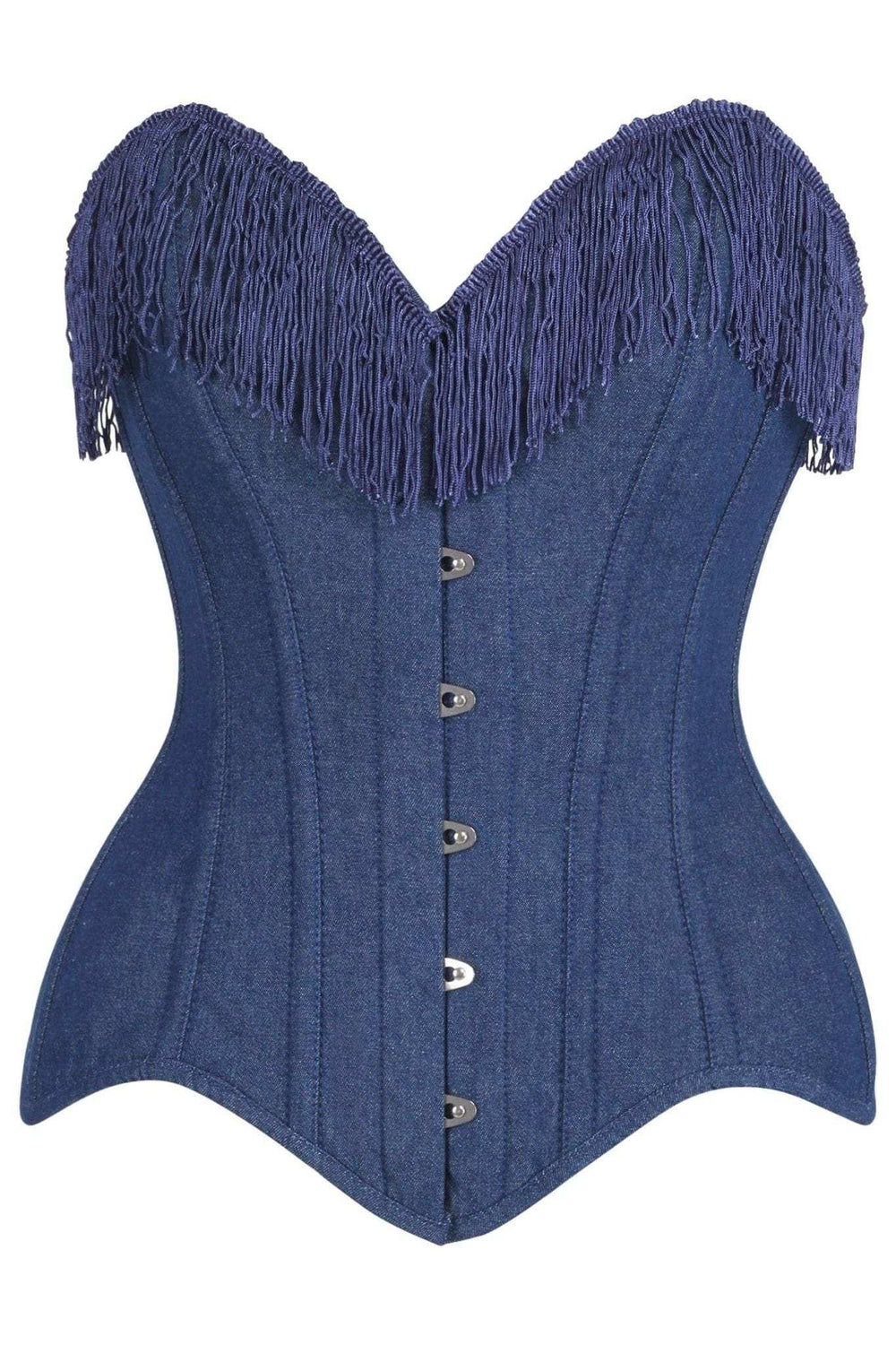 Daisy Corsets Top Drawer Dark Blue Denim Steel Boned Overbust Corset w/Fringe - Daisy Corsets - Flyclothing LLC