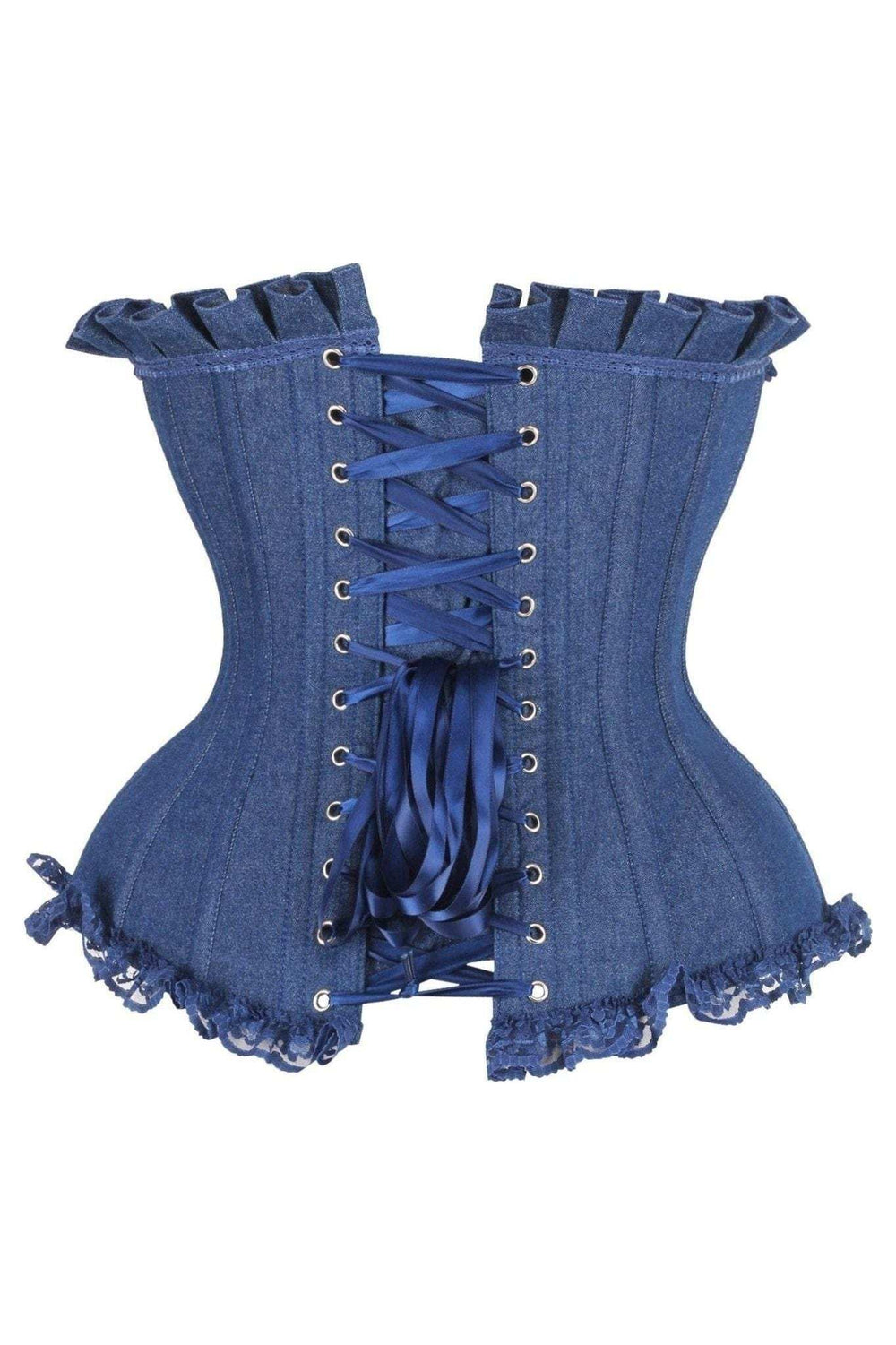 Daisy Corsets Top Drawer Dark Blue Denim Underwire Steel Boned Burlesque Corset w/Bows - Daisy Corsets - Flyclothing LLC