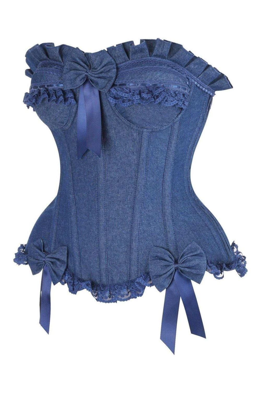 Daisy Corsets Top Drawer Dark Blue Denim Underwire Steel Boned Burlesque Corset w/Bows - Daisy Corsets - Flyclothing LLC