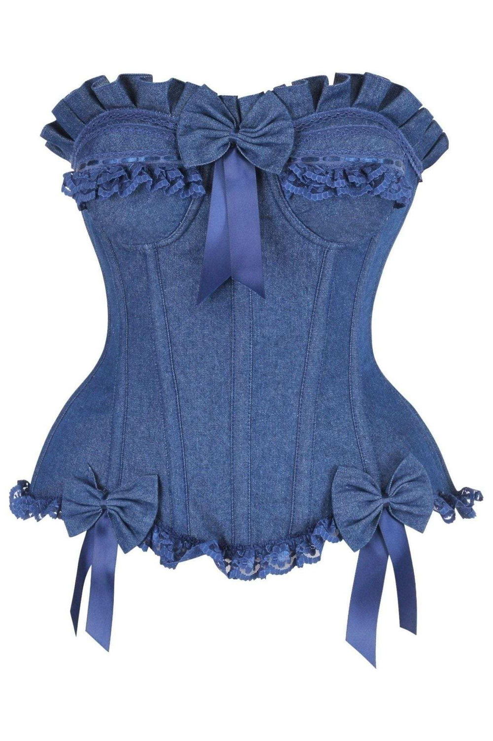 Daisy Corsets Top Drawer Dark Blue Denim Underwire Steel Boned Burlesque Corset w/Bows - Daisy Corsets - Flyclothing LLC