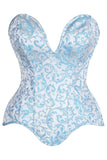 Daisy Corsets Top Drawer Steel Boned Blue Brocade Plunge Overbust Corset Top - Daisy Corsets - Flyclothing LLC