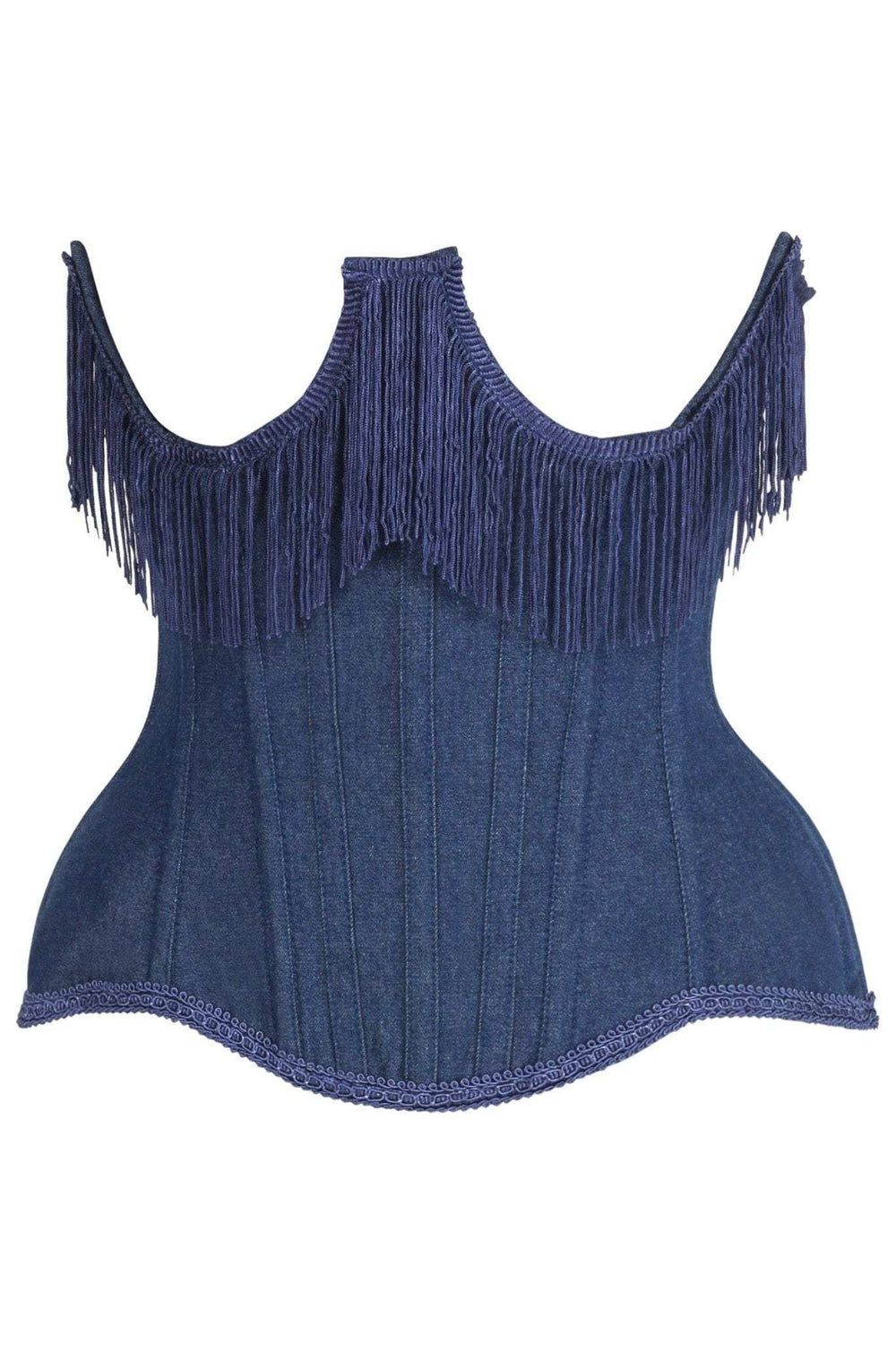 Daisy Corsets Top Drawer Steel Boned Dark Blue Denim Underwire Underbust Corset Cincher w/Fringe - Daisy Corsets - Flyclothing LLC