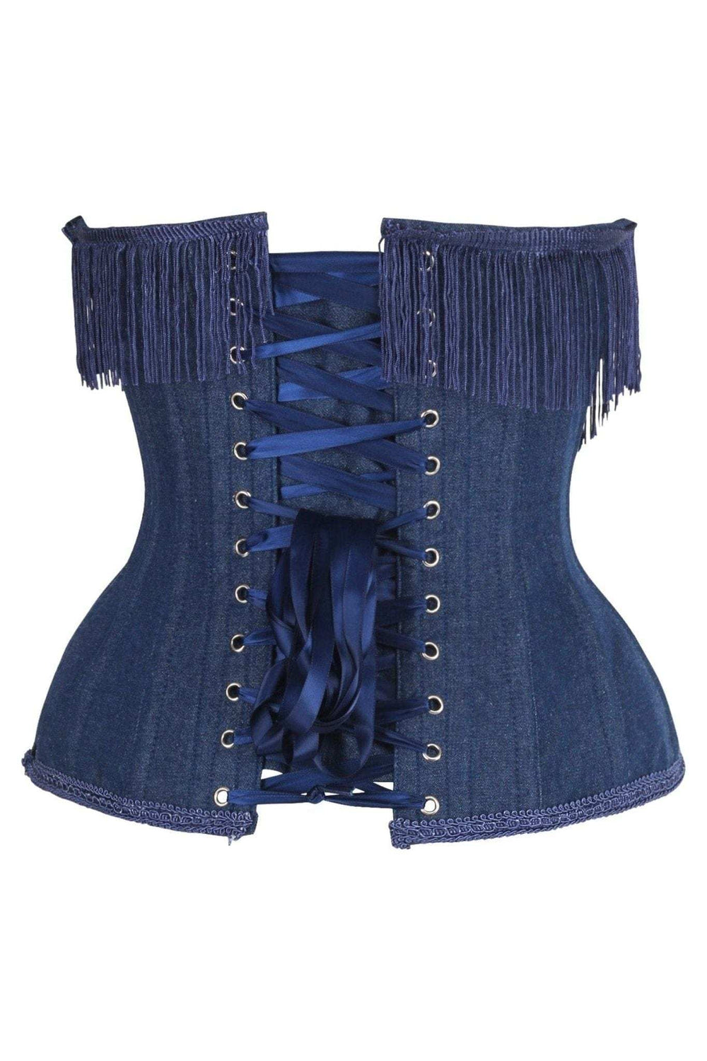 Daisy Corsets Top Drawer Steel Boned Dark Blue Denim Underwire Underbust Corset Cincher w/Fringe - Daisy Corsets - Flyclothing LLC