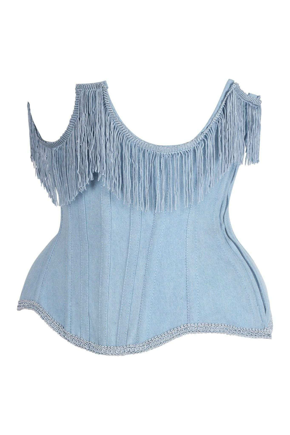 Daisy Corsets Top Drawer Steel Boned Light Blue Denim Underwire Underbust Corset Cincher w/Fringe - Daisy Corsets - Flyclothing LLC