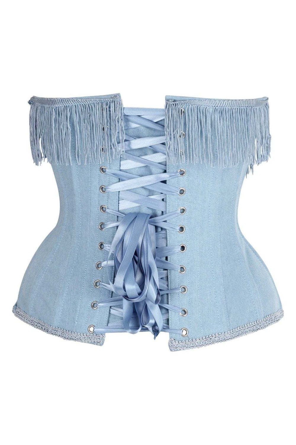 Daisy Corsets Top Drawer Steel Boned Light Blue Denim Underwire Underbust Corset Cincher w/Fringe - Daisy Corsets - Flyclothing LLC