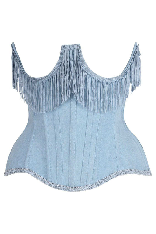 Daisy Corsets Top Drawer Steel Boned Light Blue Denim Underwire Underbust Corset Cincher w/Fringe - Daisy Corsets - Flyclothing LLC