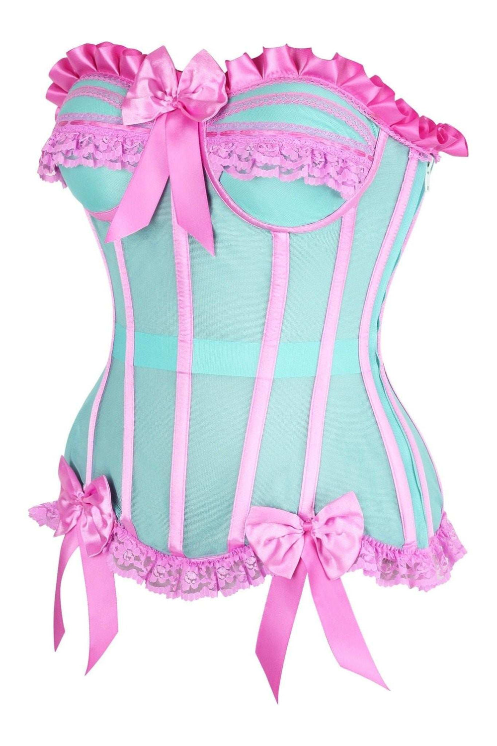 Daisy Corsets Top Drawer Steel Boned Mint/Pink Mesh Underwire Bustier Corset - Daisy Corsets - Flyclothing LLC