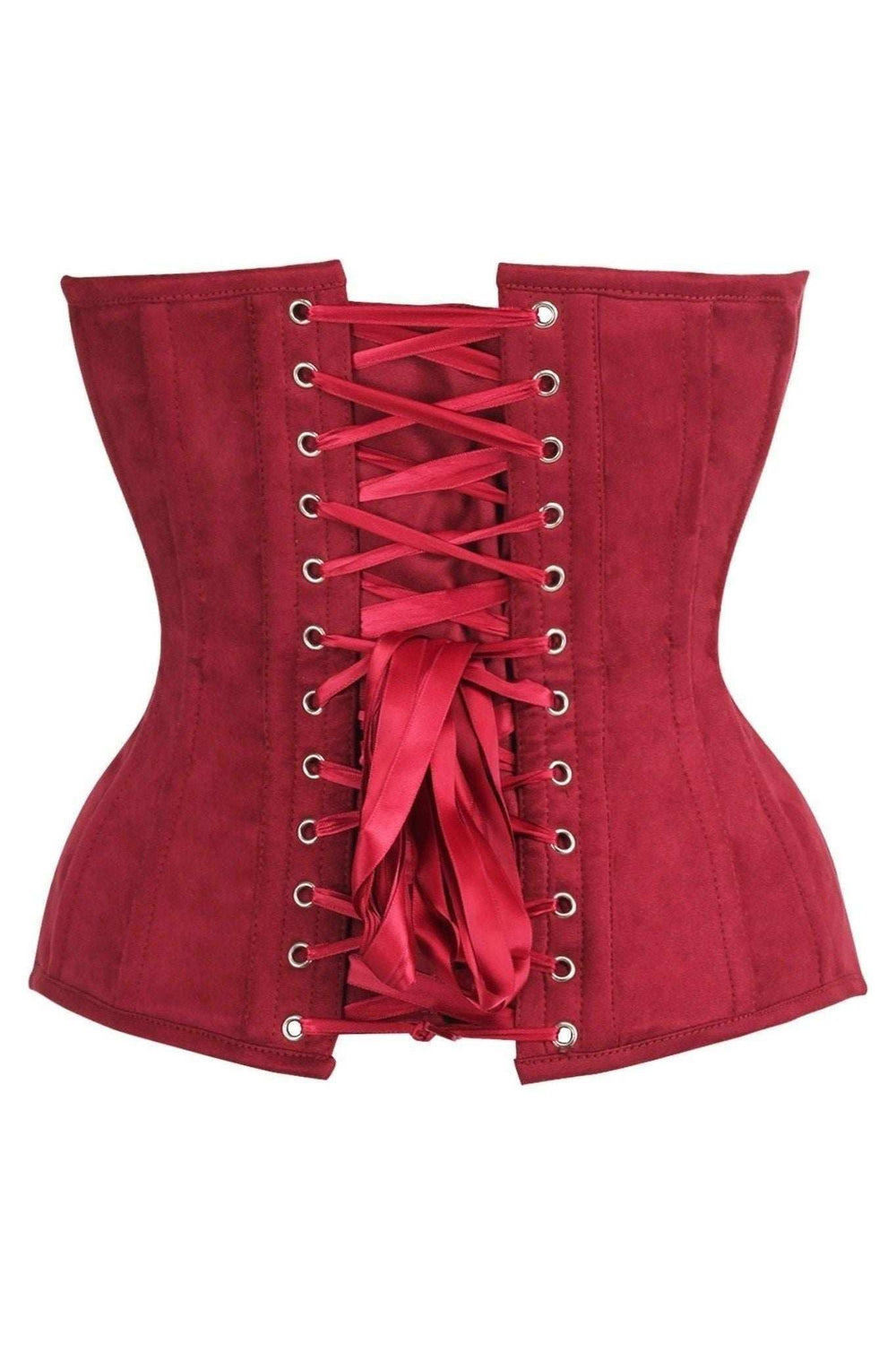 Daisy Corsets Top Drawer Steel Boned Red Suede Deep Plunge Overbust Corset Top - Daisy Corsets - Flyclothing LLC