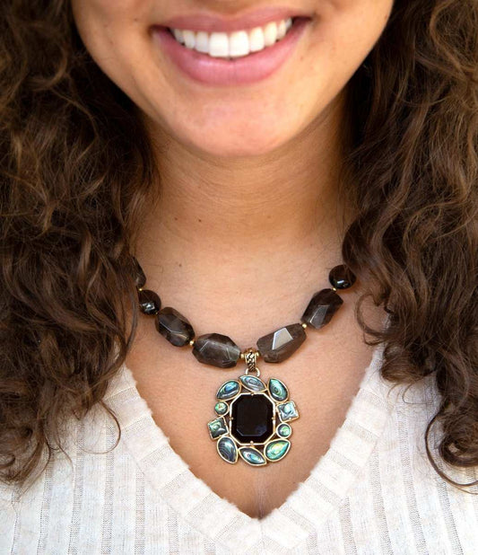 Tribecca Blue Abalone and Black Smoky Quartz Golden Statement Necklace - Barse Jewelry - Flyclothing LLC