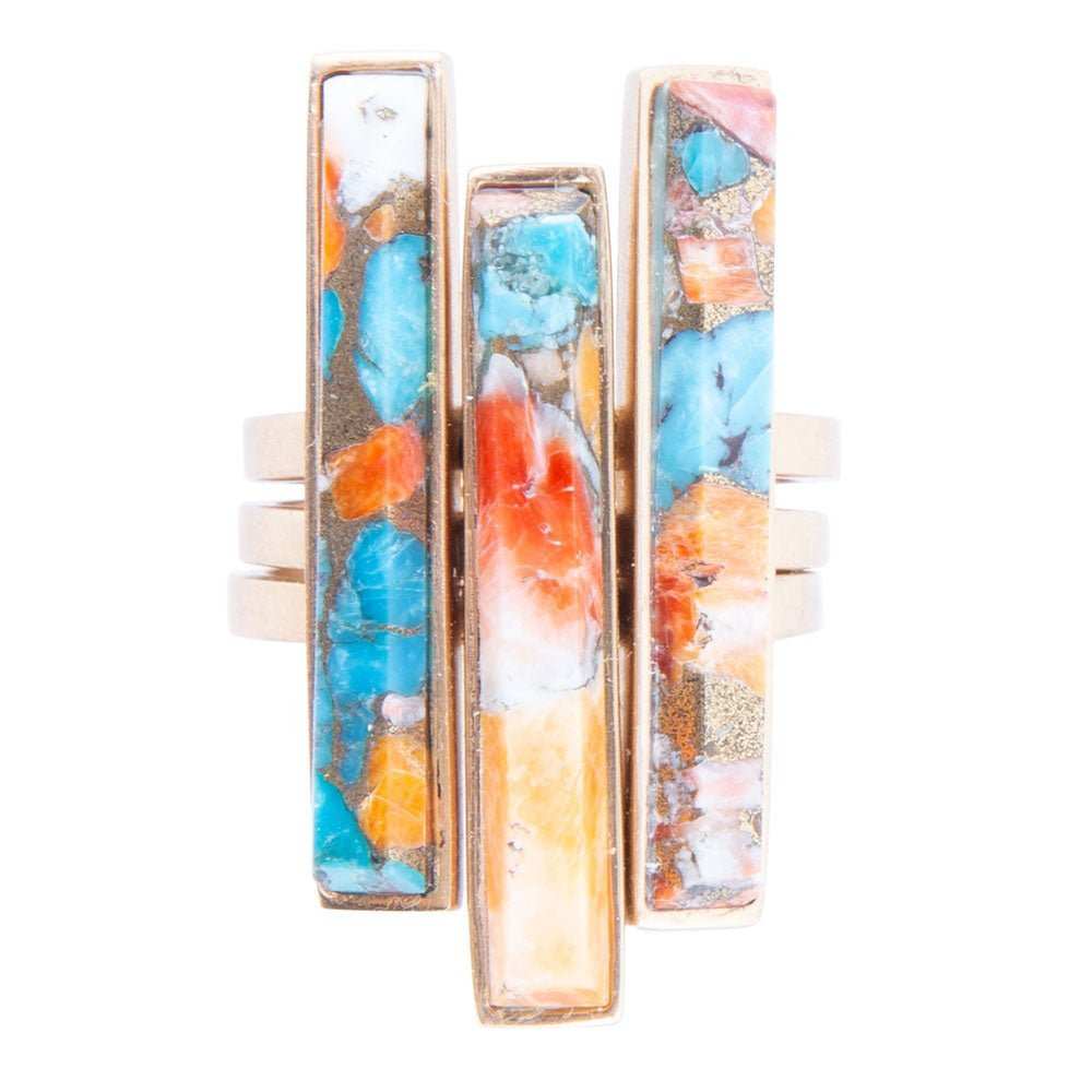 Triple Threat Blue Turquoise Orange Spiny Oyster Matrix Golden Ring Set - Barse Jewelry - Flyclothing LLC