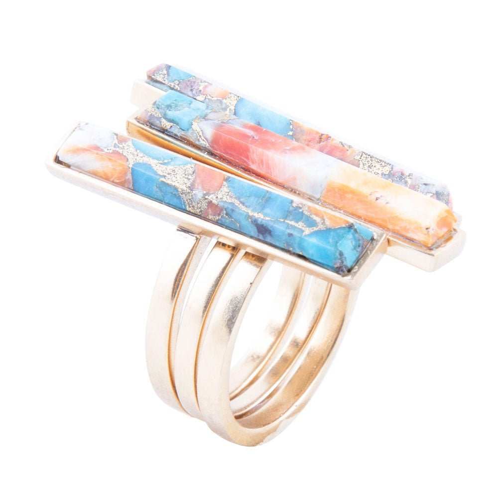 Triple Threat Blue Turquoise Orange Spiny Oyster Matrix Golden Ring Set - Barse Jewelry - Flyclothing LLC
