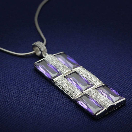 TS026 - Rhodium 925 Sterling Silver Chain Pendant with AAA Grade CZ in Amethyst - Alamode - Flyclothing LLC