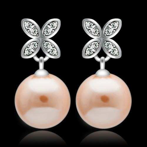 TS040 - Rhodium 925 Sterling Silver Earrings with Synthetic Pearl in Light Rose - Alamode - Flyclothing LLC