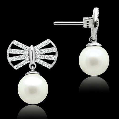 TS063 - Rhodium 925 Sterling Silver Earrings with Synthetic Pearl in White - Alamode - Flyclothing LLC