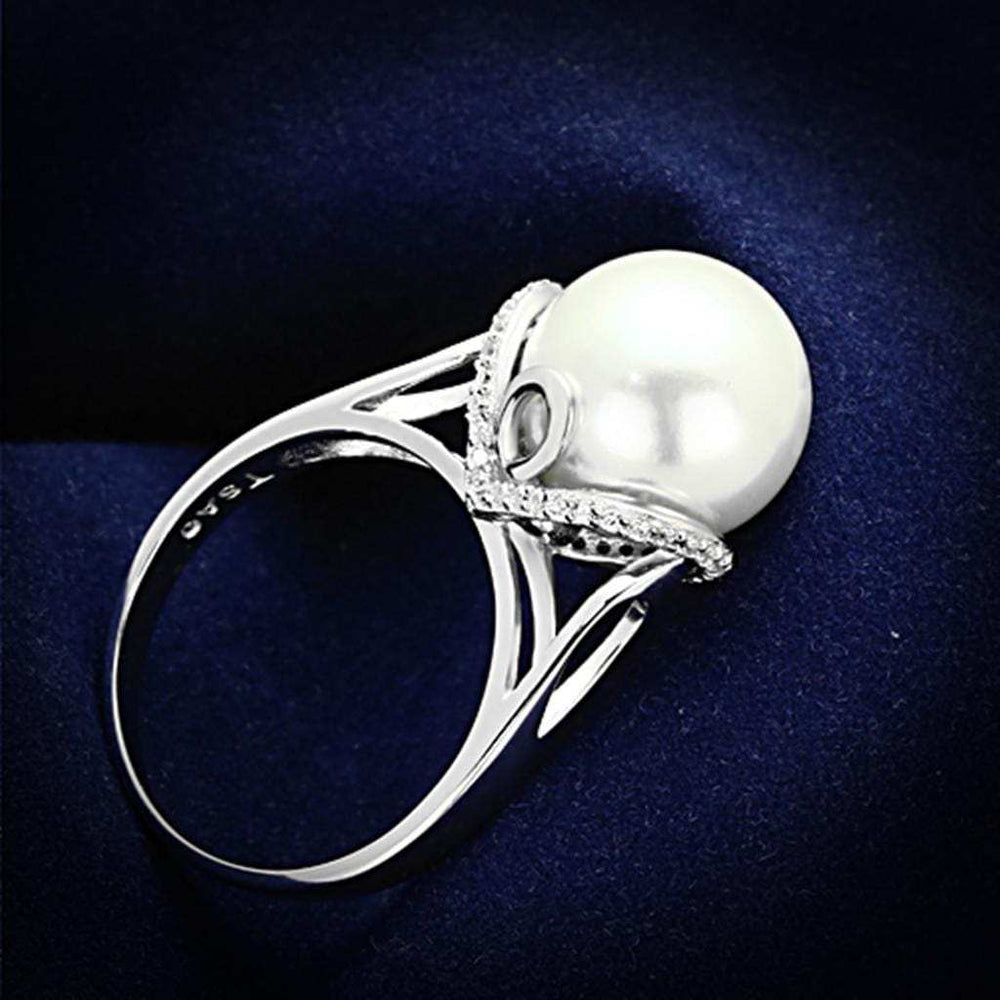 TS154 - Rhodium 925 Sterling Silver Ring with Synthetic Pearl in White - Alamode - Flyclothing LLC