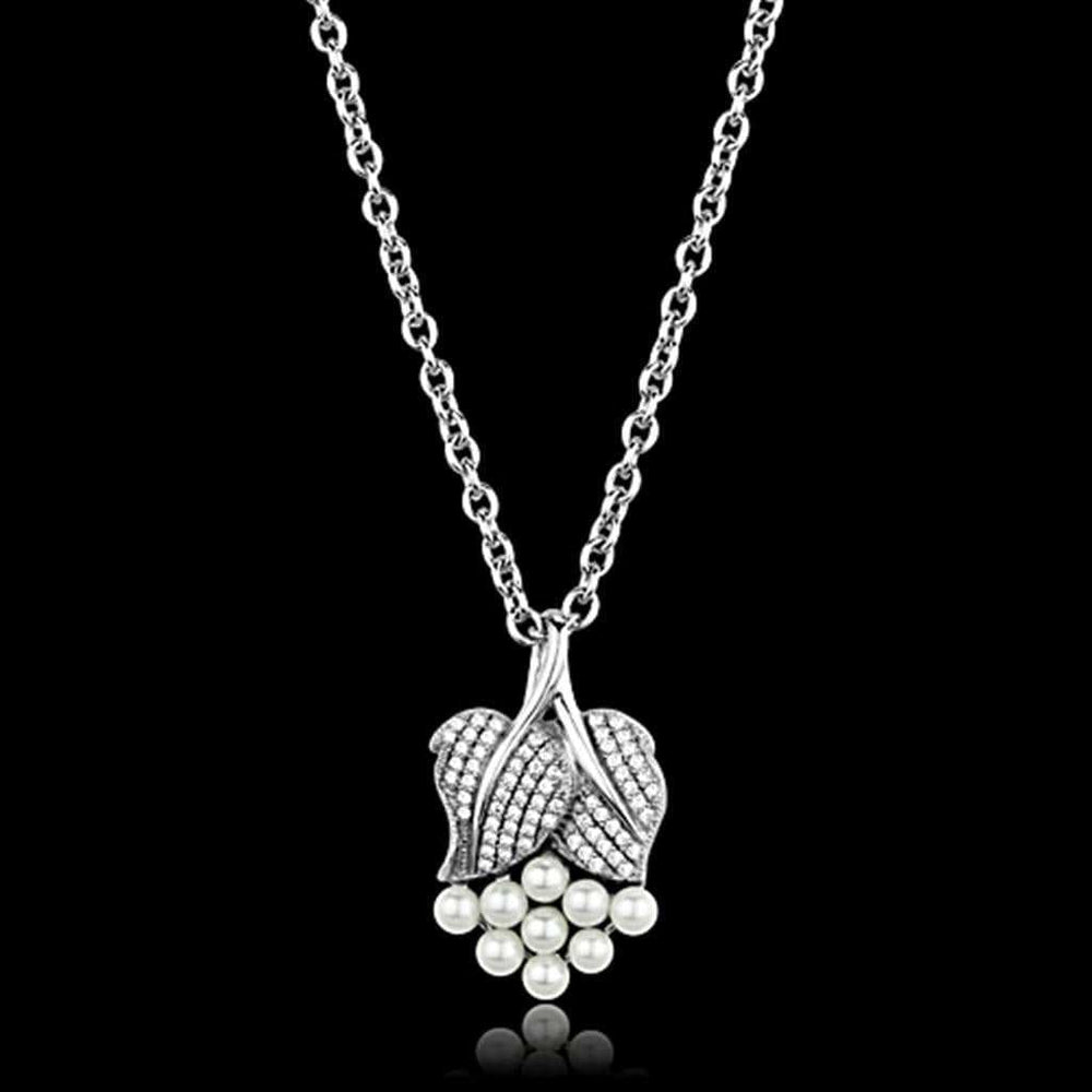 TS165 - Rhodium 925 Sterling Silver Chain Pendant with Synthetic Pearl in White - Alamode - Flyclothing LLC