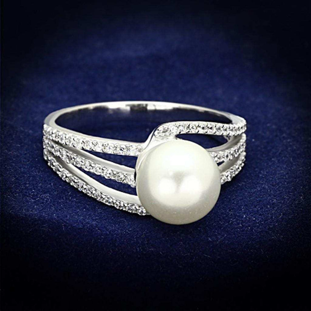 TS170 - Rhodium 925 Sterling Silver Ring with Synthetic Pearl in White - Alamode - Flyclothing LLC