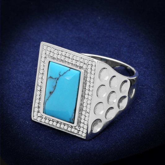 TS228 - Rhodium 925 Sterling Silver Ring with Synthetic Turquoise in Sea Blue - Alamode - Flyclothing LLC