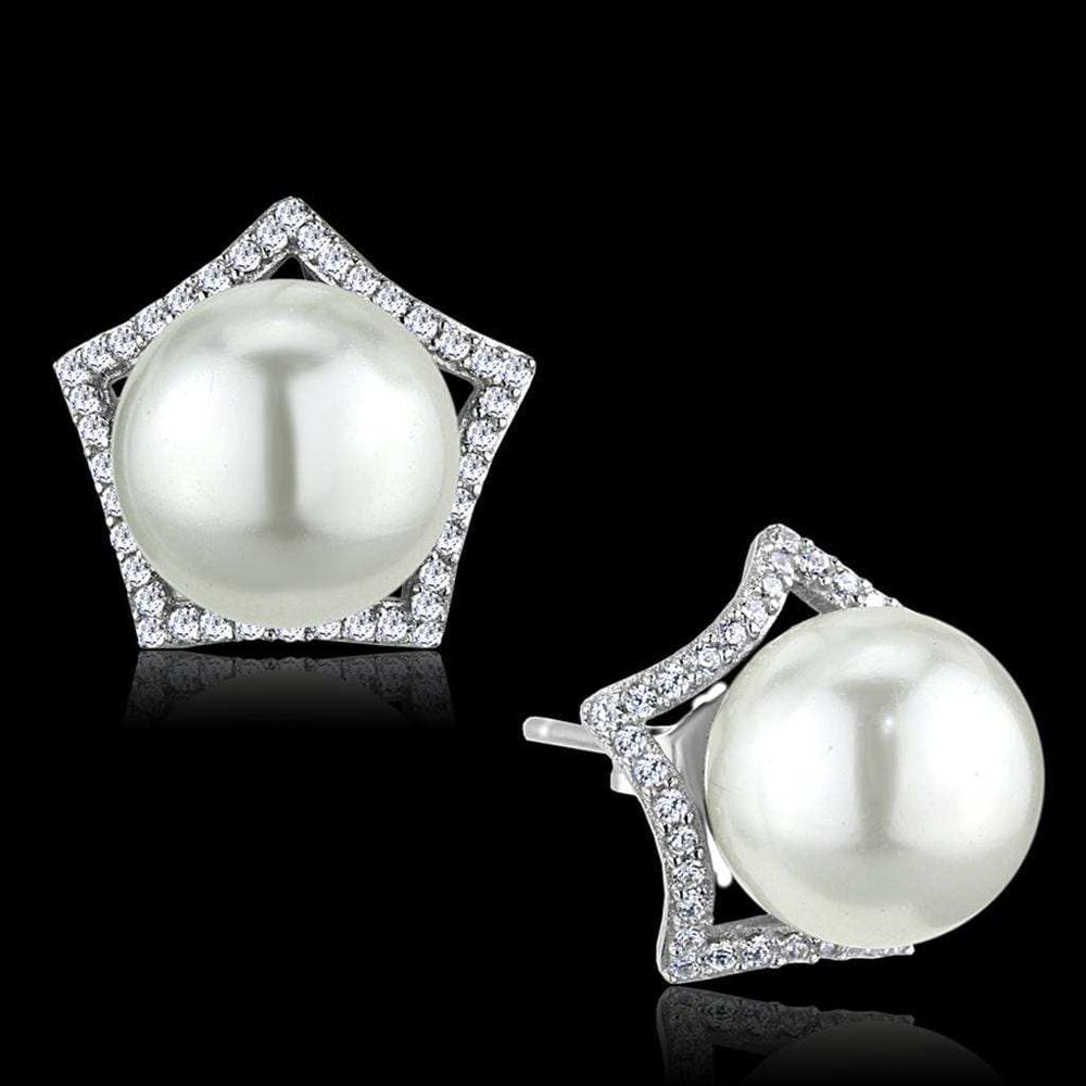 TS300 - Rhodium 925 Sterling Silver Earrings with Synthetic Pearl in White - Alamode - Flyclothing LLC