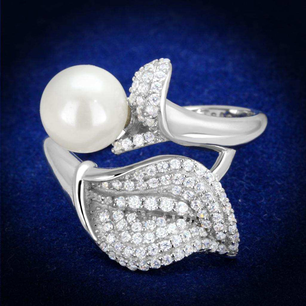 TS329 - Rhodium 925 Sterling Silver Ring with Synthetic Pearl in White - Alamode - Flyclothing LLC