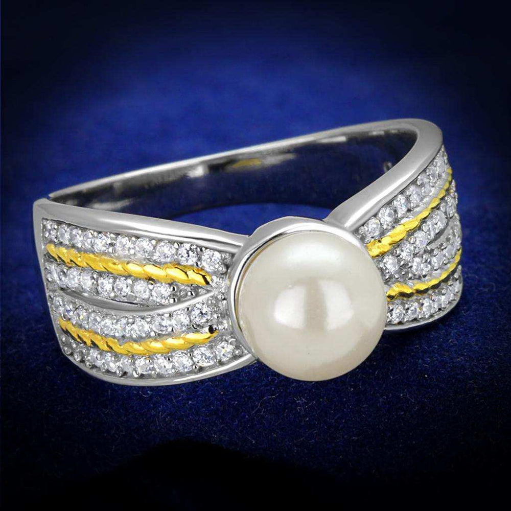 TS377 - Reverse Two-Tone 925 Sterling Silver Ring with Synthetic Pearl in White - Alamode - Flyclothing LLC