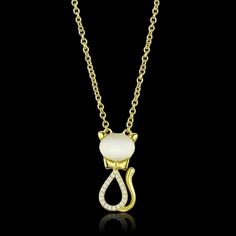 TS409 - Gold 925 Sterling Silver Chain Pendant with Synthetic Cat Eye in White - Alamode - Flyclothing LLC
