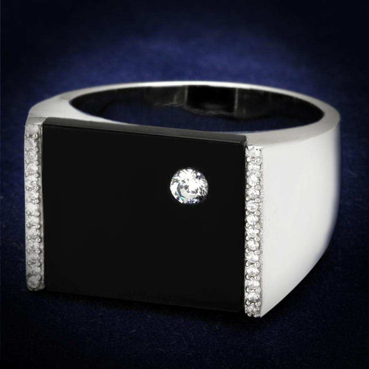 TS459 - Rhodium 925 Sterling Silver Ring with Synthetic Onyx in Jet - Alamode - Flyclothing LLC