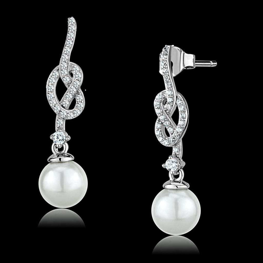TS506 - Rhodium 925 Sterling Silver Earrings with Synthetic Glass Bead in White - Alamode - Flyclothing LLC