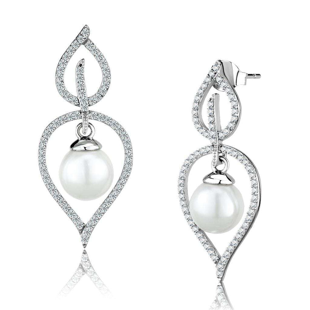 TS510 - Rhodium 925 Sterling Silver Earrings with Semi-Precious Glass Bead in White - Alamode - Flyclothing LLC