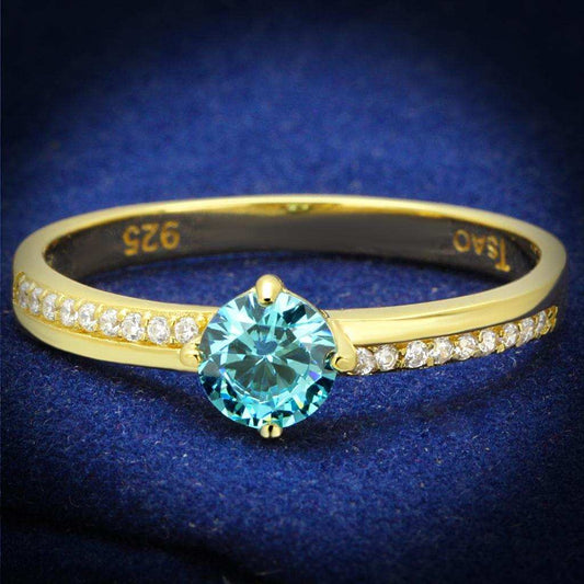 TS561 - Gold 925 Sterling Silver Ring with AAA Grade CZ in Sea Blue - Alamode - Flyclothing LLC