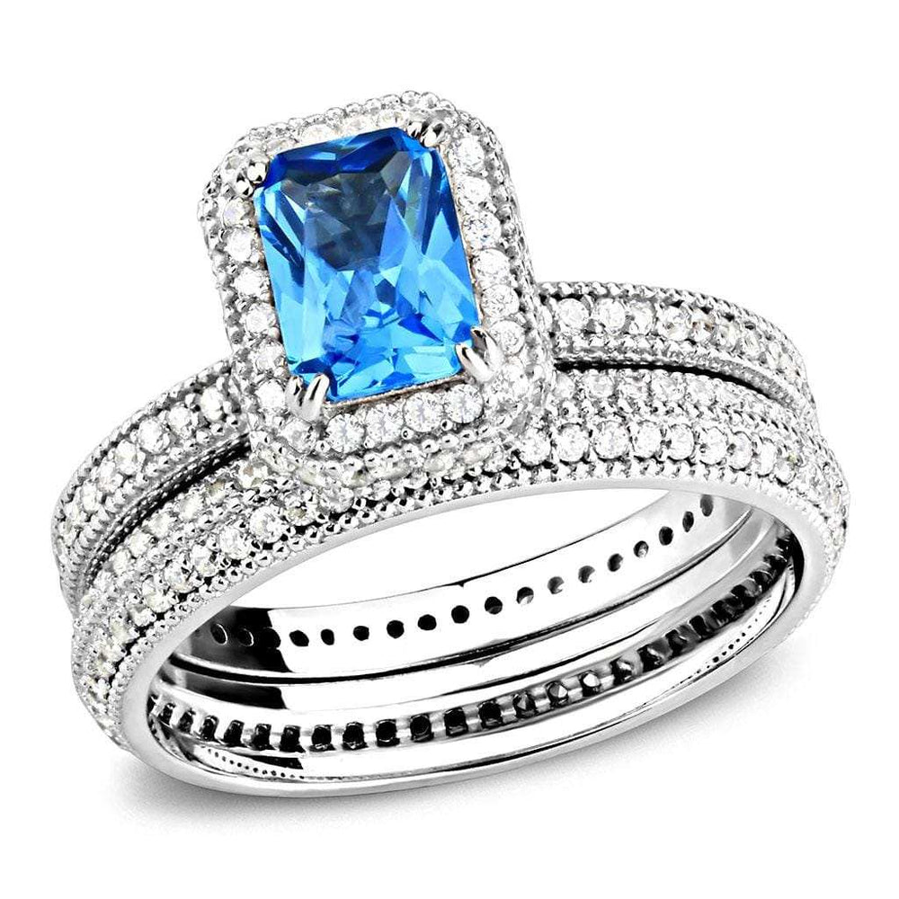 TS615 - Rhodium 925 Sterling Silver Ring with Synthetic Synthetic Glass in Sea Blue - Alamode - Flyclothing LLC