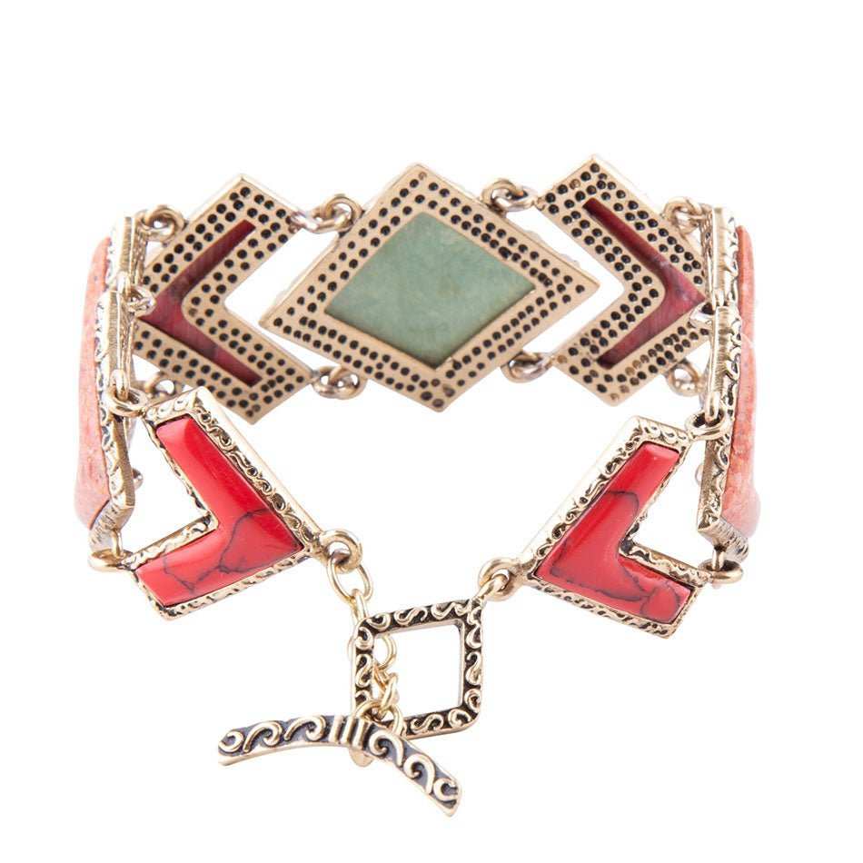 Green Turquoise and Coral Tapestry Golden Link Bracelet - Barse Jewelry - Flyclothing LLC